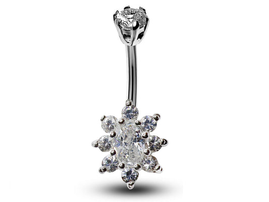 Silver Belly Button Piercing, Belly Bars - Belly Ring Flower CZ Crystals - Navel Ring - 16g (1.6mm) Length is 10mm