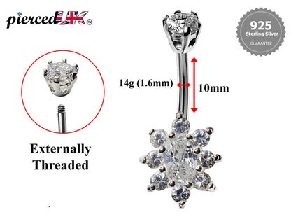 Silver Belly Button Piercing, Belly Bars - Belly Ring Flower CZ Crystals - Navel Ring - 16g (1.6mm) Length is 10mm