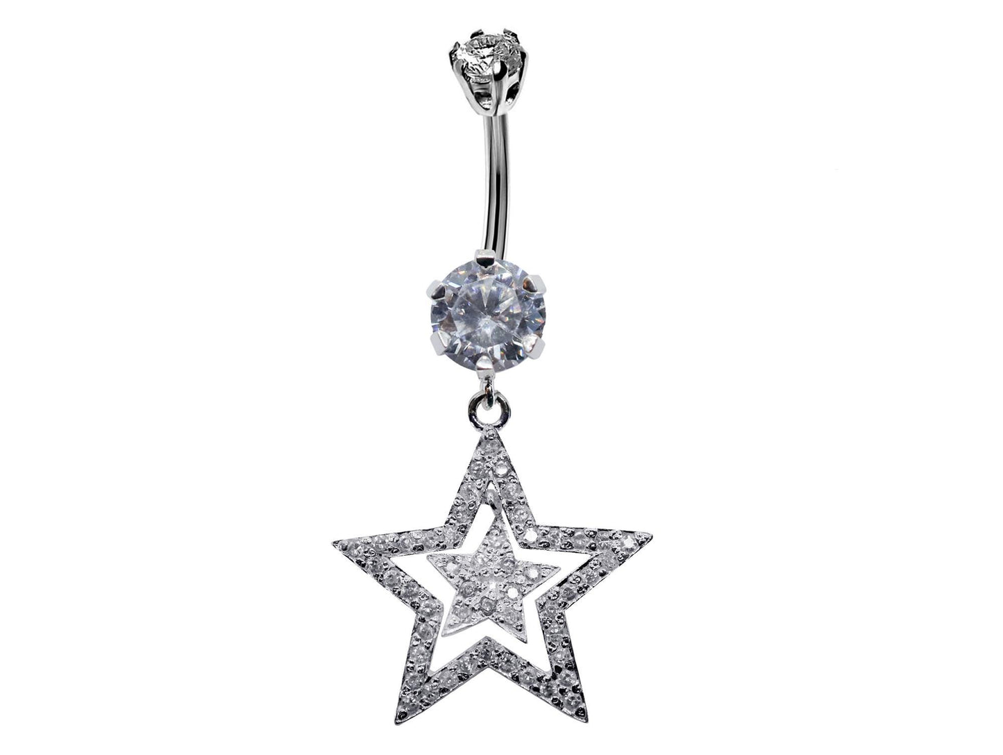 Silver Belly Bars, Belly Piercing - Double Star Belly Button Ring with High Quality CZ Crystals - Navel Jewelry - 16g (1.6mm) Length is 10mm