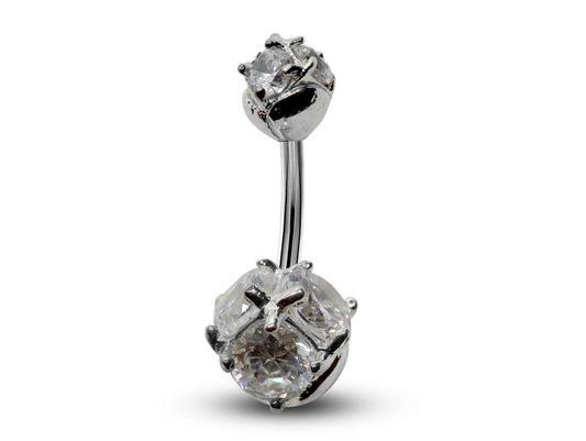 Silver Belly Bars, Navel Ring - Triple Round Crystal Belly Piercing - Prong Setting  - Navel Jewelry - 16g (1.6mm) Length is 10mm