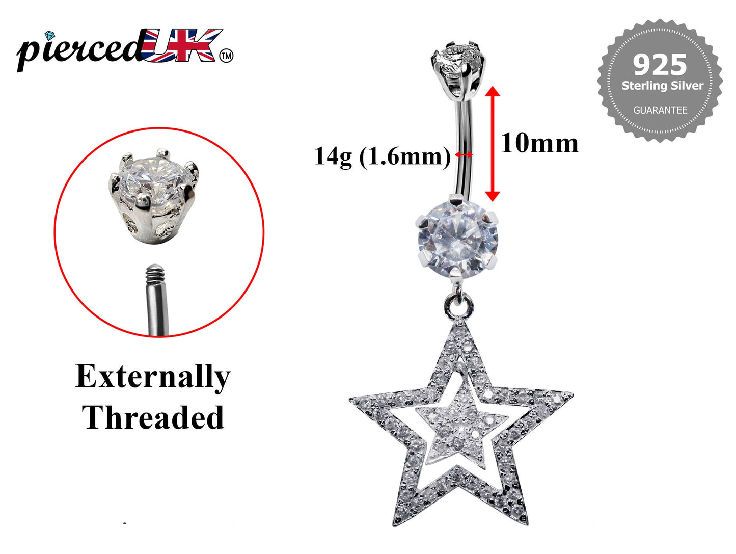 Silver Belly Bars, Belly Piercing - Double Star Belly Button Ring with High Quality CZ Crystals - Navel Jewelry - 16g (1.6mm) Length is 10mm
