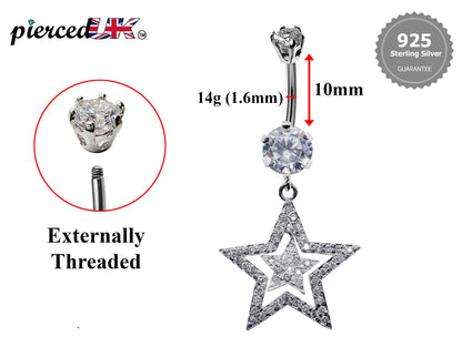 Silver Belly Bars, Belly Piercing - Double Star Belly Button Ring with High Quality CZ Crystals - Navel Jewelry - 16g (1.6mm) Length is 10mm