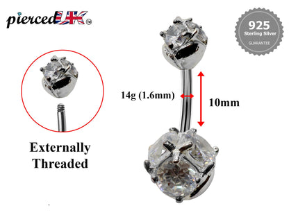 Silver Belly Bars, Navel Ring - Triple Round Crystal Belly Piercing - Prong Setting  - Navel Jewelry - 16g (1.6mm) Length is 10mm