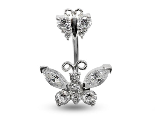 Silver Belly Button Rings, Navel Piercing Double Butterfly Belly Piercing with High Quality Crystals Navel Jewelry 16g(1.6mm) Length is 8mm