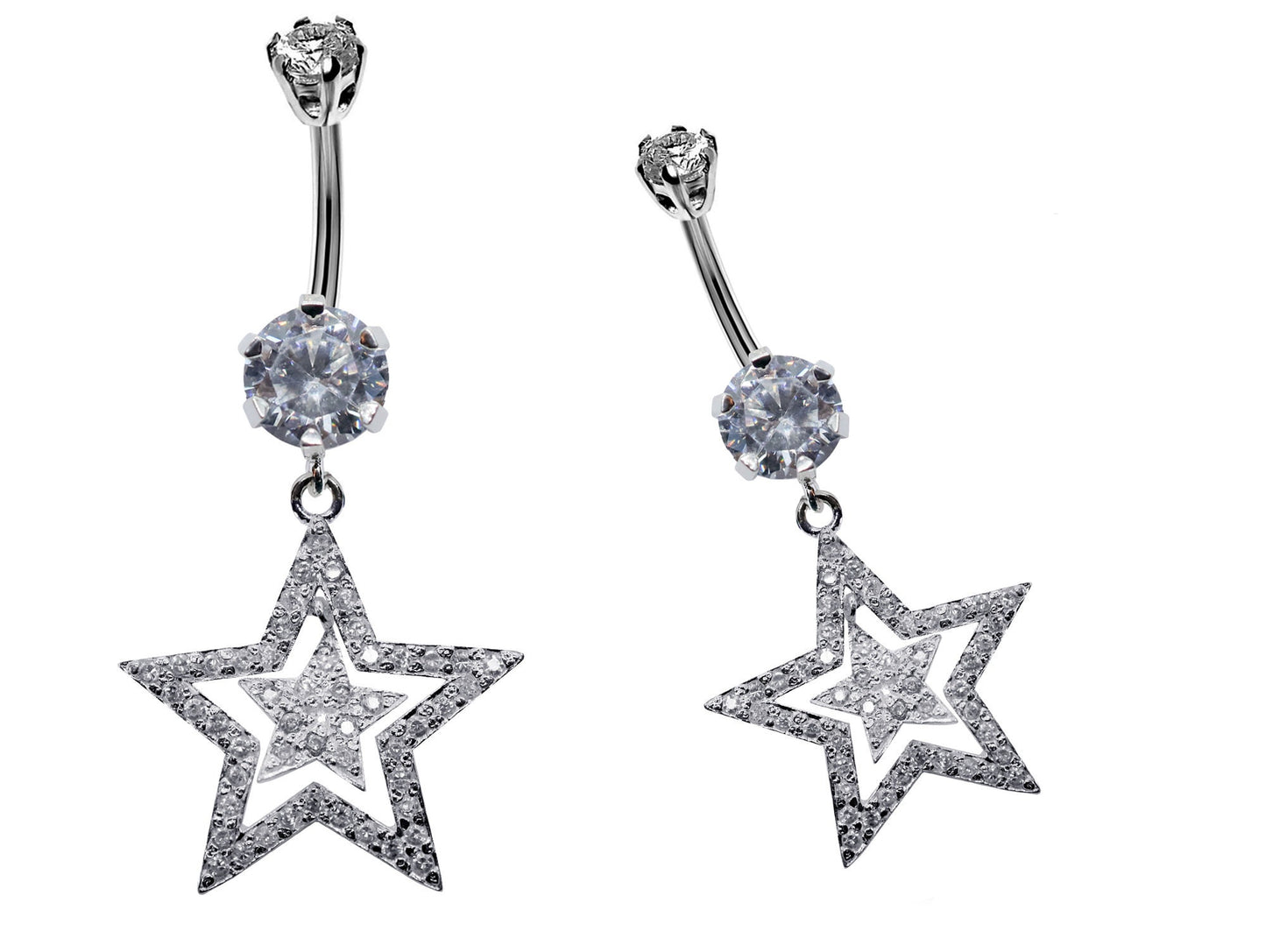 Silver Belly Bars, Belly Piercing - Double Star Belly Button Ring with High Quality CZ Crystals - Navel Jewelry - 16g (1.6mm) Length is 10mm