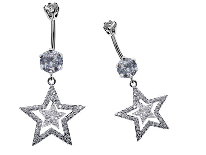 Silver Belly Bars, Belly Piercing - Double Star Belly Button Ring with High Quality CZ Crystals - Navel Jewelry - 16g (1.6mm) Length is 10mm