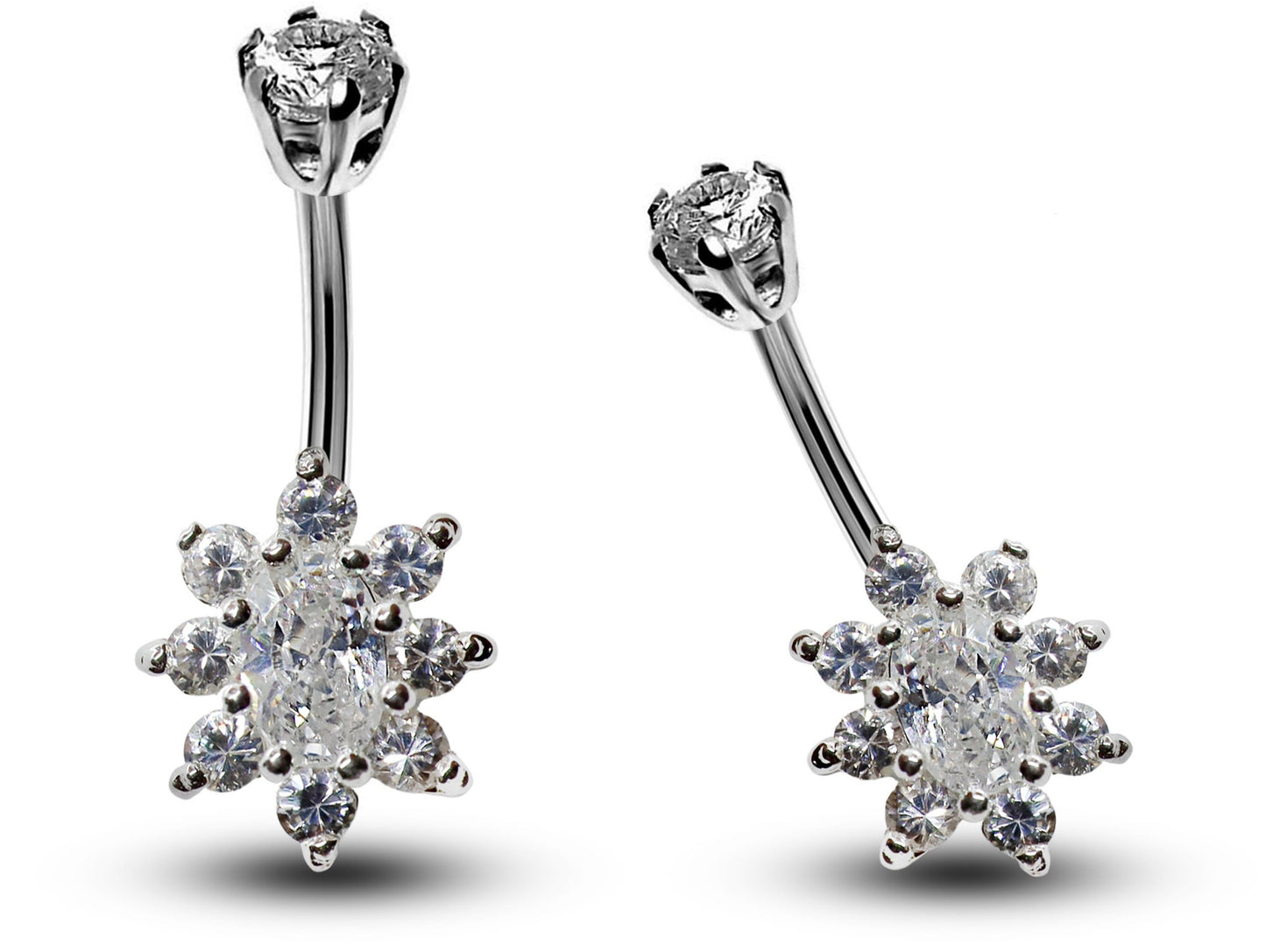 Silver Belly Button Piercing, Belly Bars - Belly Ring Flower CZ Crystals - Navel Ring - 16g (1.6mm) Length is 10mm