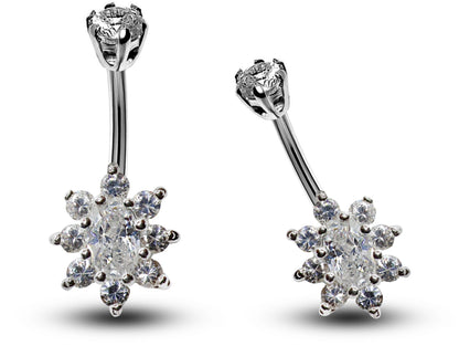 Silver Belly Button Piercing, Belly Bars - Belly Ring Flower CZ Crystals - Navel Ring - 16g (1.6mm) Length is 10mm