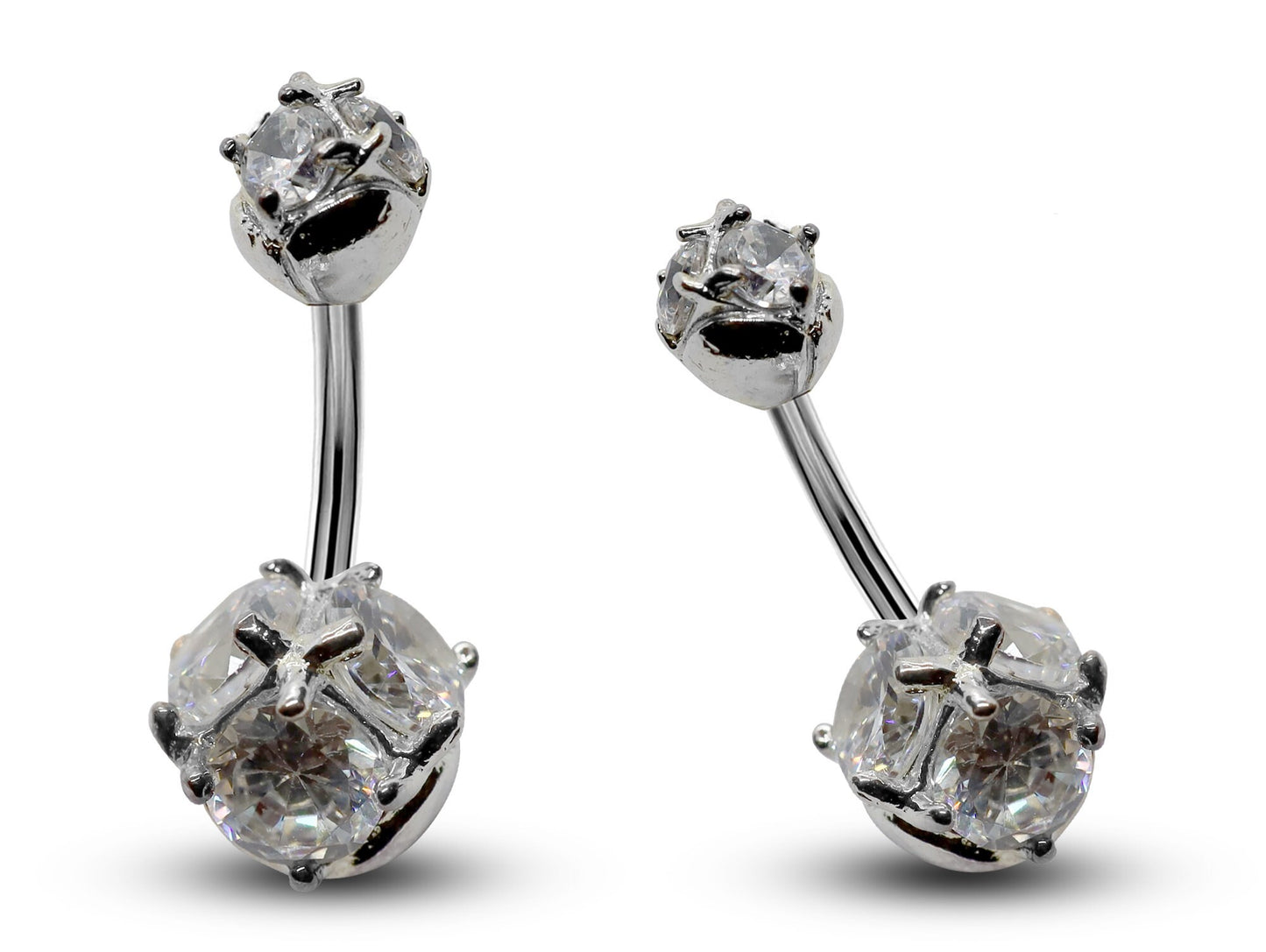 Silver Belly Bars, Navel Ring - Triple Round Crystal Belly Piercing - Prong Setting  - Navel Jewelry - 16g (1.6mm) Length is 10mm