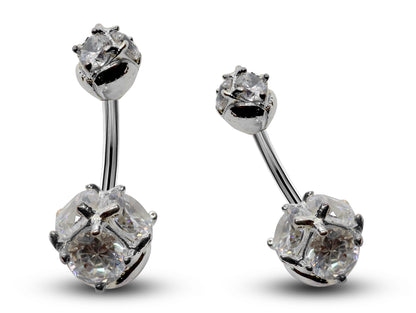 Silver Belly Bars, Navel Ring - Triple Round Crystal Belly Piercing - Prong Setting  - Navel Jewelry - 16g (1.6mm) Length is 10mm
