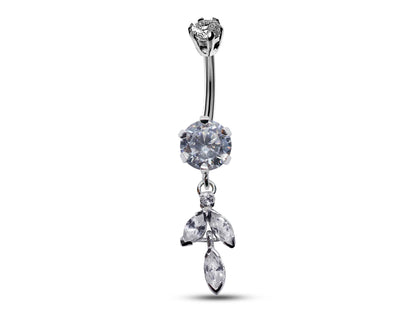 Silver Belly Button Ring, Belly Bars- Drop Dangle Belly Ring with High Quality Crystals - Navel Ring - 16g (1.6mm) Length is 10mm