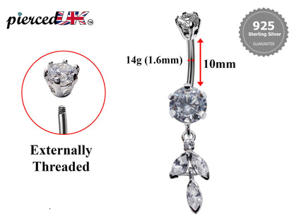 Silver Belly Button Ring, Belly Bars- Drop Dangle Belly Ring with High Quality Crystals - Navel Ring - 16g (1.6mm) Length is 10mm