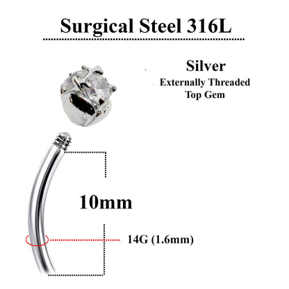 Silver Belly Bars, Navel Ring - Triple Round Crystal Belly Piercing - Prong Setting  - Navel Jewelry - 16g (1.6mm) Length is 10mm