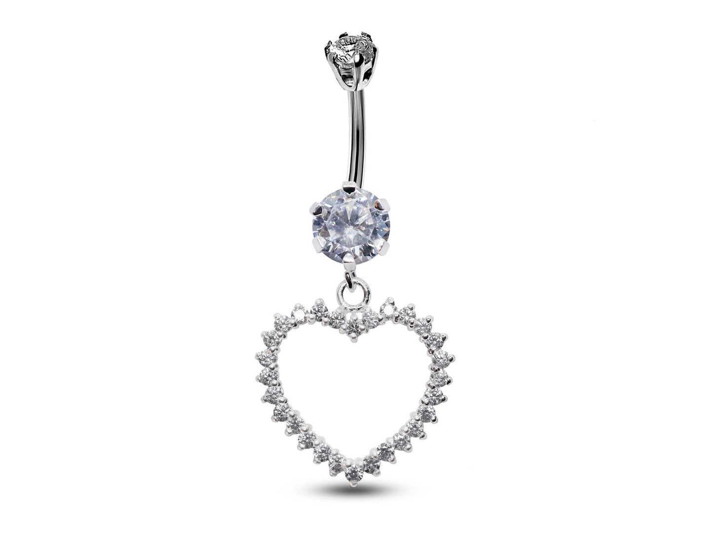 Silver Belly Button Ring, Belly Bars- Dangle Open Heart Belly Ring with High Quality Crystals - Navel Ring - 16g (1.6mm)