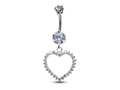 Silver Belly Button Ring, Belly Bars- Dangle Open Heart Belly Ring with High Quality Crystals - Navel Ring - 16g (1.6mm)