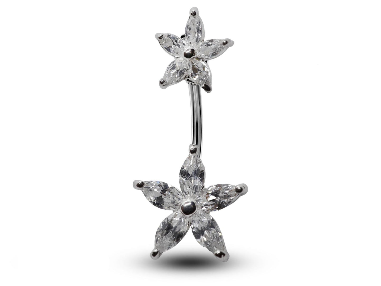 Silver Belly Button Rings, Navel Piercing -Double Flower Belly Piercing with High Quality Crystals -Navel Jewelry-16g (1.6mm) Length is 10mm