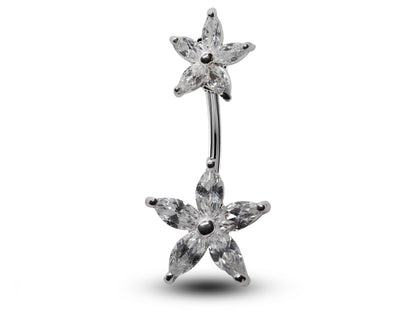 Silver Belly Button Rings, Navel Piercing -Double Flower Belly Piercing with High Quality Crystals -Navel Jewelry-16g (1.6mm) Length is 10mm