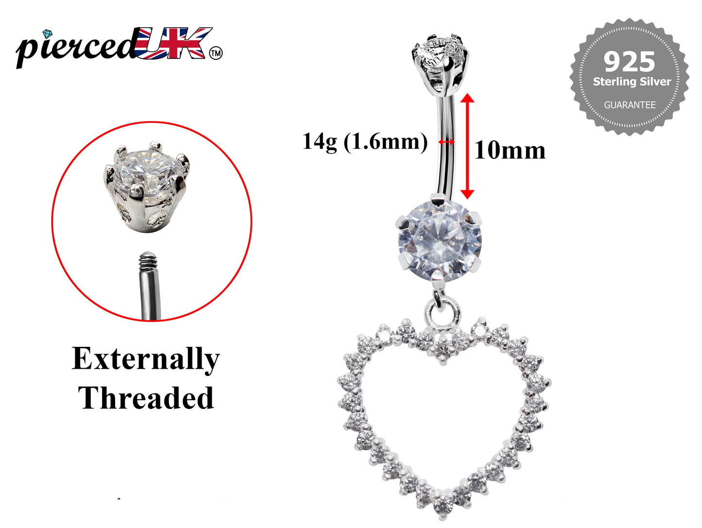 Silver Belly Button Ring, Belly Bars- Dangle Open Heart Belly Ring with High Quality Crystals - Navel Ring - 16g (1.6mm)