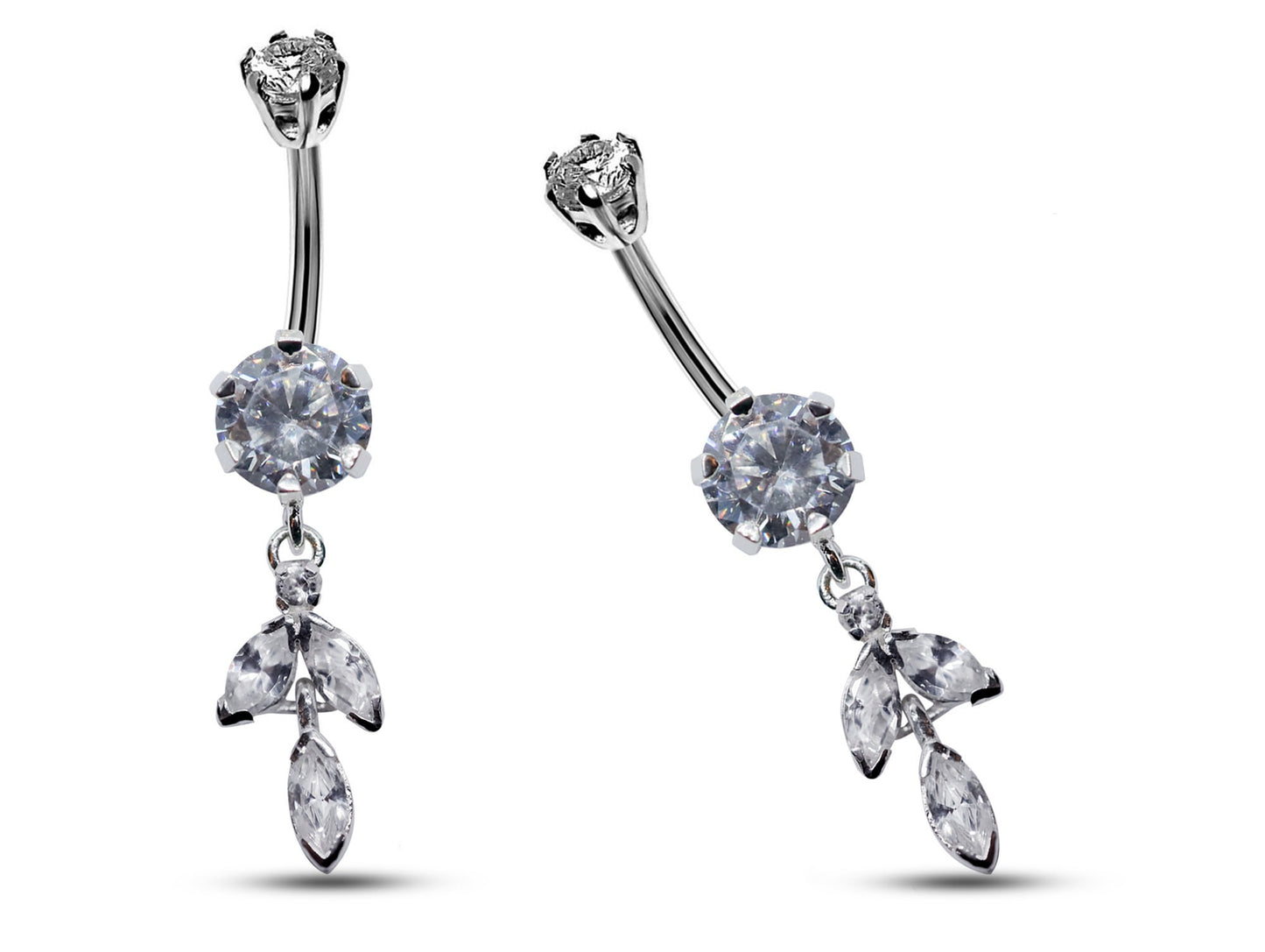 Silver Belly Button Ring, Belly Bars- Drop Dangle Belly Ring with High Quality Crystals - Navel Ring - 16g (1.6mm) Length is 10mm