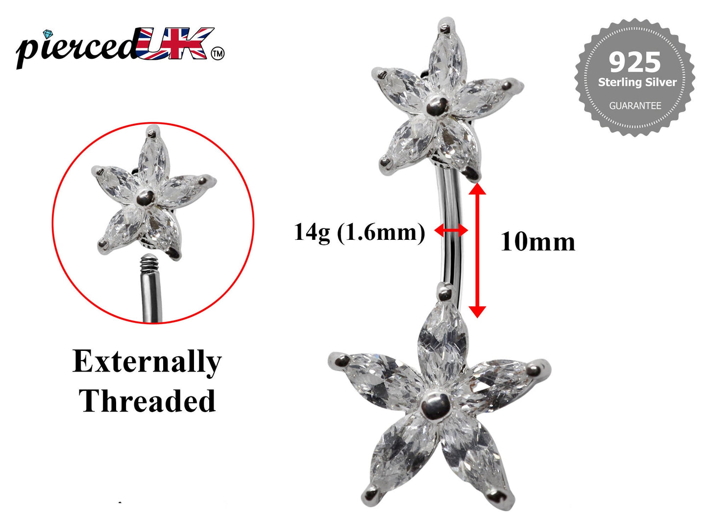 Silver Belly Button Rings, Navel Piercing -Double Flower Belly Piercing with High Quality Crystals -Navel Jewelry-16g (1.6mm) Length is 10mm