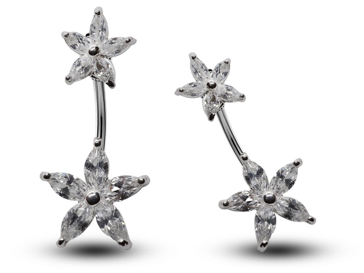 Silver Belly Button Rings, Navel Piercing -Double Flower Belly Piercing with High Quality Crystals -Navel Jewelry-16g (1.6mm) Length is 10mm