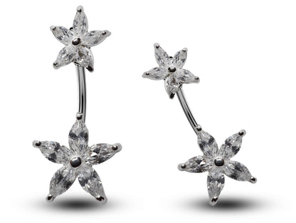 Silver Belly Button Rings, Navel Piercing -Double Flower Belly Piercing with High Quality Crystals -Navel Jewelry-16g (1.6mm) Length is 10mm