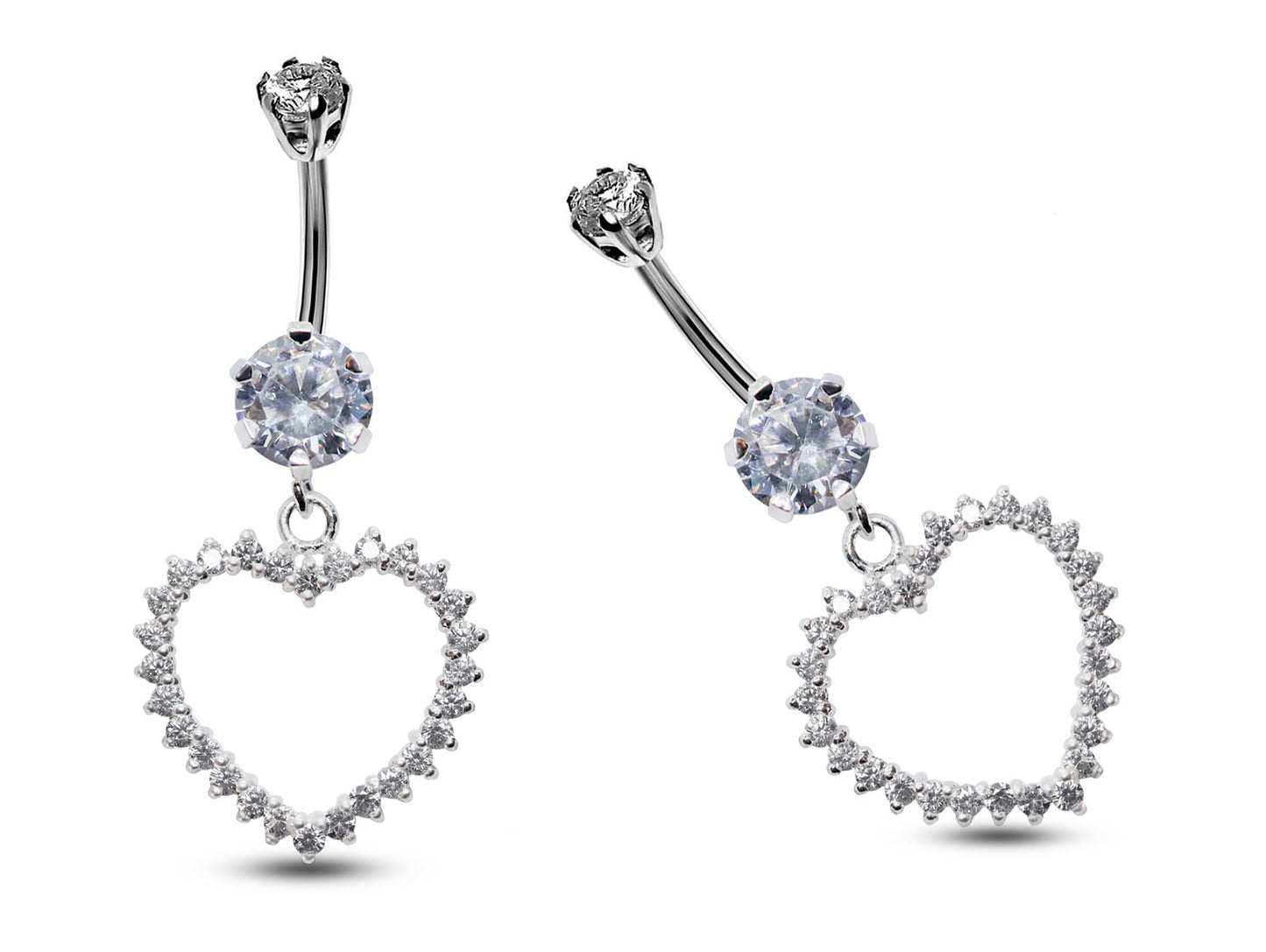 Silver Belly Button Ring, Belly Bars- Dangle Open Heart Belly Ring with High Quality Crystals - Navel Ring - 16g (1.6mm)