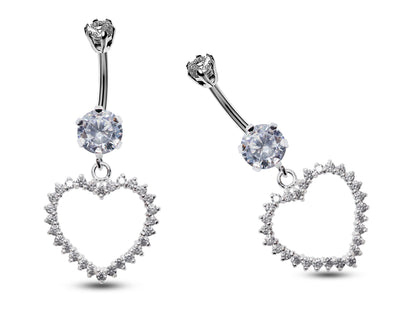 Silver Belly Button Ring, Belly Bars- Dangle Open Heart Belly Ring with High Quality Crystals - Navel Ring - 16g (1.6mm)