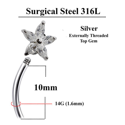 Silver Belly Button Rings, Navel Piercing -Double Flower Belly Piercing with High Quality Crystals -Navel Jewelry-16g (1.6mm) Length is 10mm