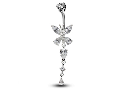 Silver Belly Button Piercing, Belly Bars - Butterfly dangle Belly Ring with Round and Tear drop CZ Crystals Navel Ring 16g (1.6mm)