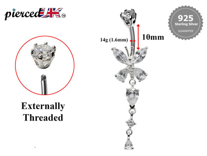 Silver Belly Button Piercing, Belly Bars - Butterfly dangle Belly Ring with Round and Tear drop CZ Crystals Navel Ring 16g (1.6mm)