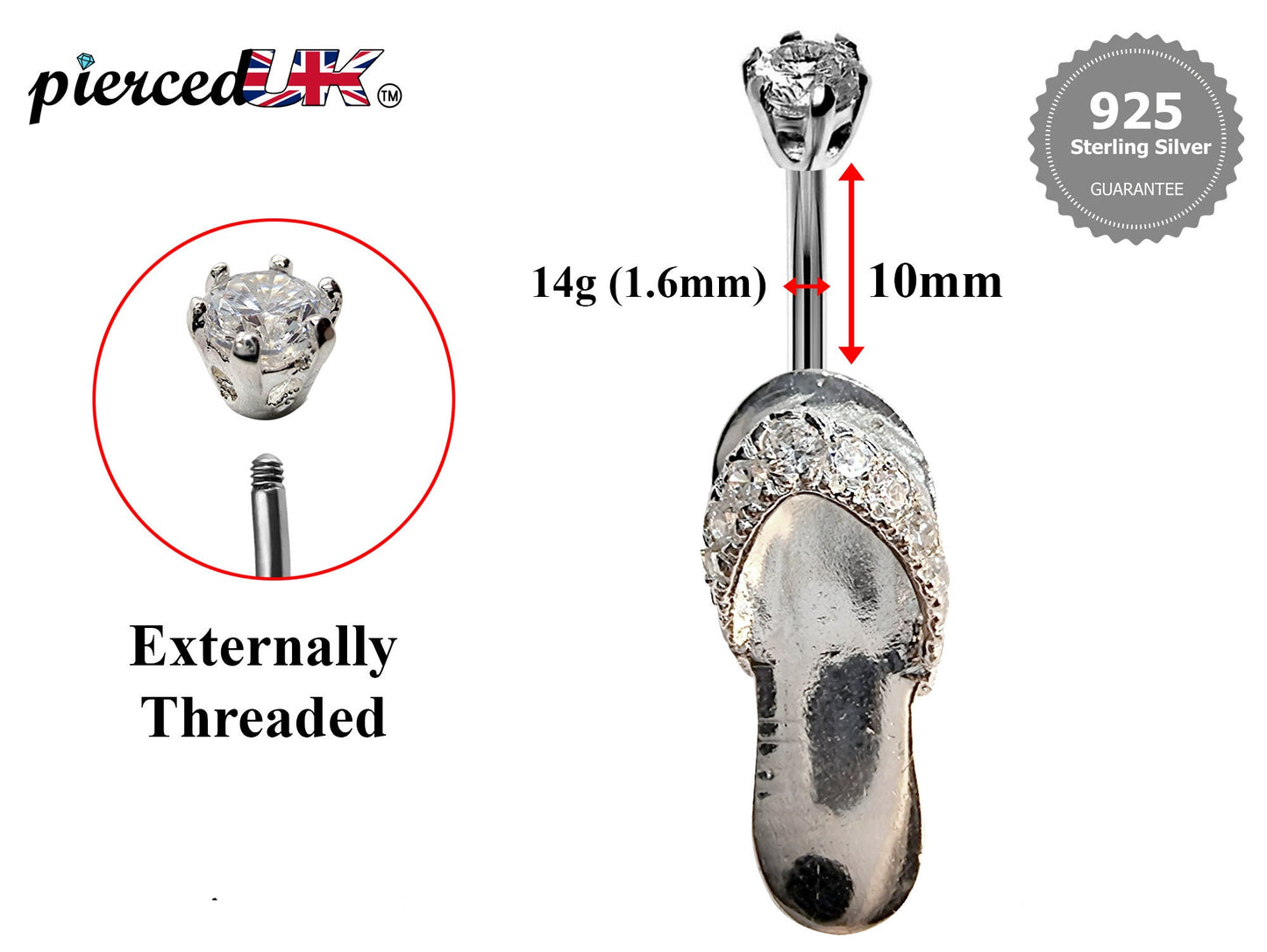 Silver Belly Button Rings, Navel Piercing - Sleeper Belly Piercing with High Quality CZ Crystals -Navel Jewelry-16g (1.6mm) Length is 10mm