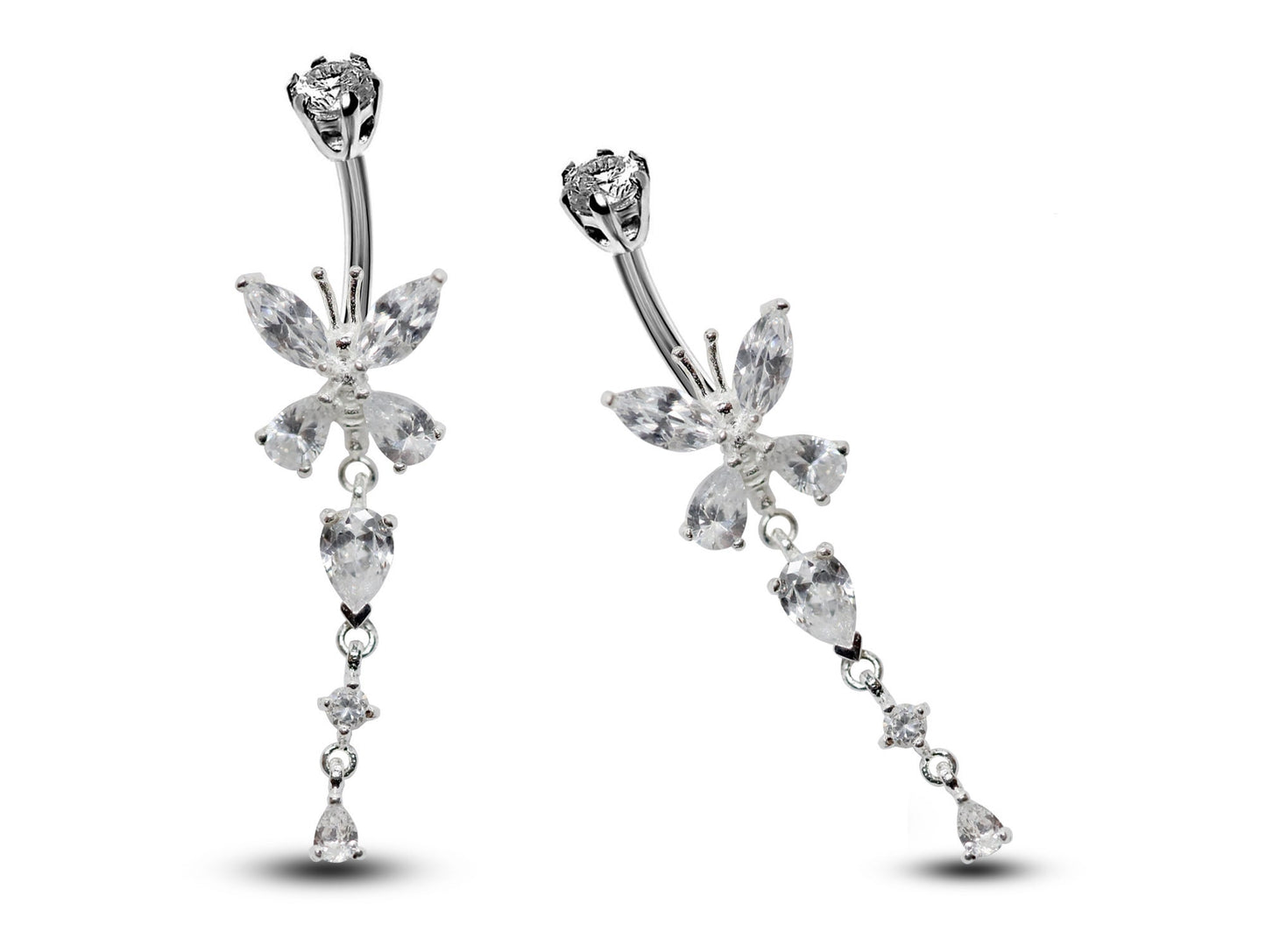 Silver Belly Button Piercing, Belly Bars - Butterfly dangle Belly Ring with Round and Tear drop CZ Crystals Navel Ring 16g (1.6mm)