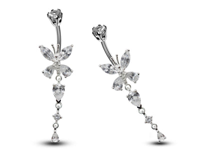 Silver Belly Button Piercing, Belly Bars - Butterfly dangle Belly Ring with Round and Tear drop CZ Crystals Navel Ring 16g (1.6mm)