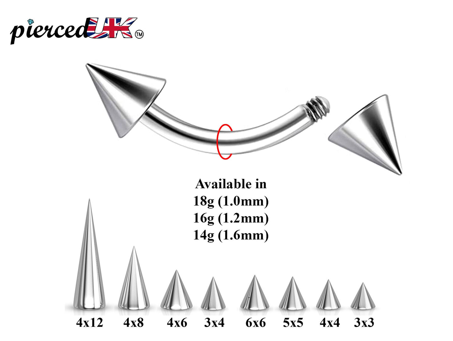 Curved Barbell Piercing, Daith Earring - Bent Spike Barbell Piercing  - 18g 16g, 14g - Piercing for Eyebrow, Ear, Belly Ring, and More