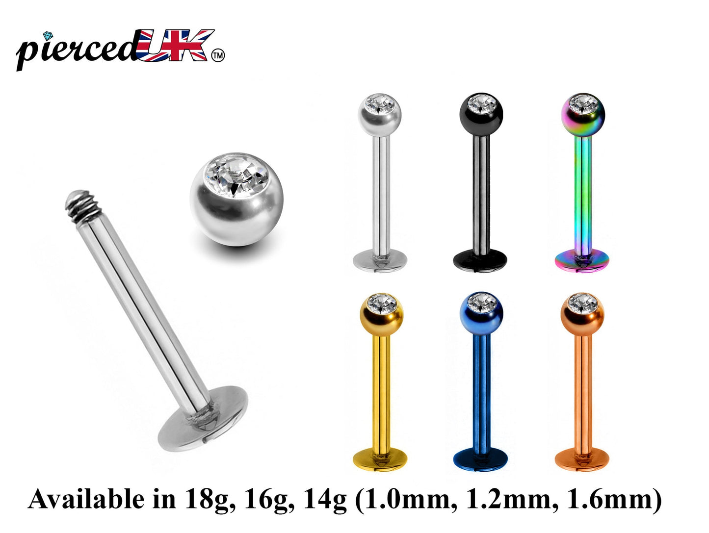 Labret Piercing, Labret Lip Stud – Lip Piercing available in many Colours Labret with Clear Crystal Top Gem Ball – 18g, 16g, 14g