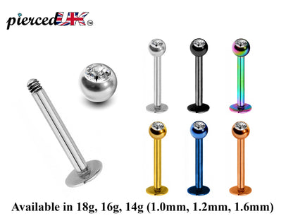 Labret Piercing, Labret Lip Stud – Lip Piercing available in many Colours Labret with Clear Crystal Top Gem Ball – 18g, 16g, 14g