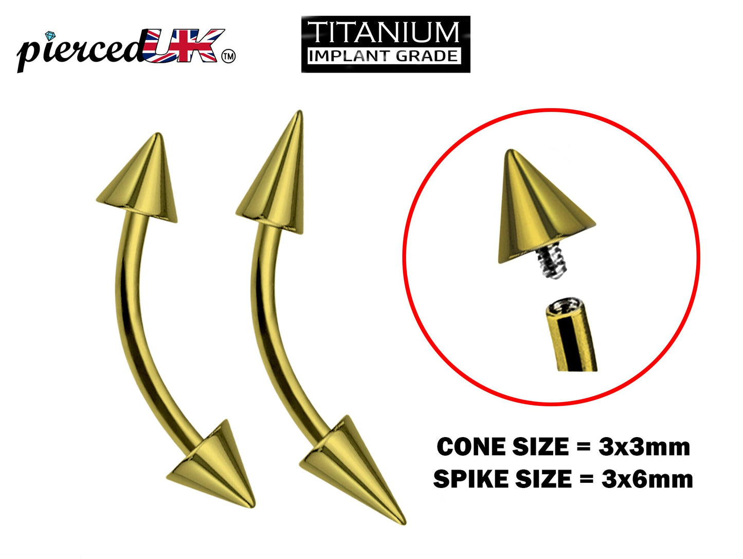 Titanium Gold Curved barbell, Eyebrow Piercing – 16g 14g Spike / Cones Bent Barbell for Eyebrow Jewelry - Internally Threaded