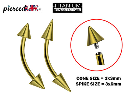 Titanium Gold Curved barbell, Eyebrow Piercing – 16g 14g Spike / Cones Bent Barbell for Eyebrow Jewelry - Internally Threaded