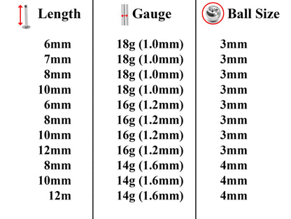 Labret Piercing, Labret Lip Stud – Lip Piercing available in many Colours Labret with Clear Crystal Top Gem Ball – 18g, 16g, 14g