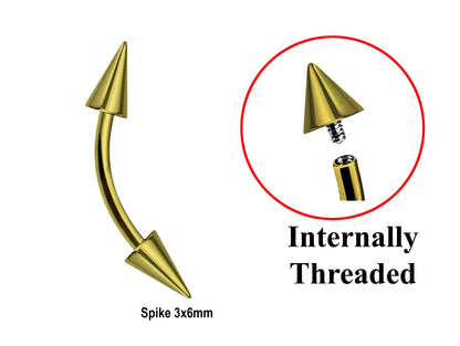 Titanium Gold Curved barbell, Eyebrow Piercing – 16g 14g Spike / Cones Bent Barbell for Eyebrow Jewelry - Internally Threaded
