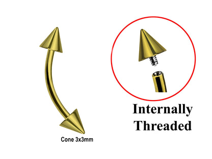 Titanium Gold Curved barbell, Eyebrow Piercing – 16g 14g Spike / Cones Bent Barbell for Eyebrow Jewelry - Internally Threaded