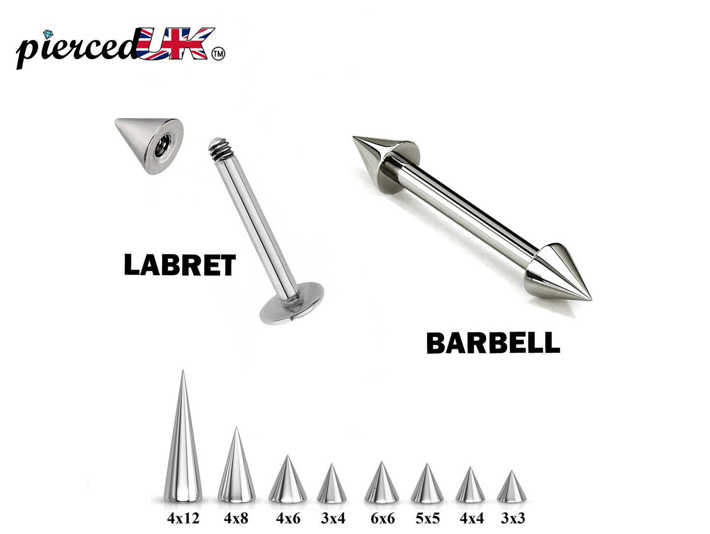 Spike  Cone Barbell or Labret Body Piercing available 18g 16g 14g Labret Stud for Lip and Chin or Barbell Stud for Nose and Nipple Bar