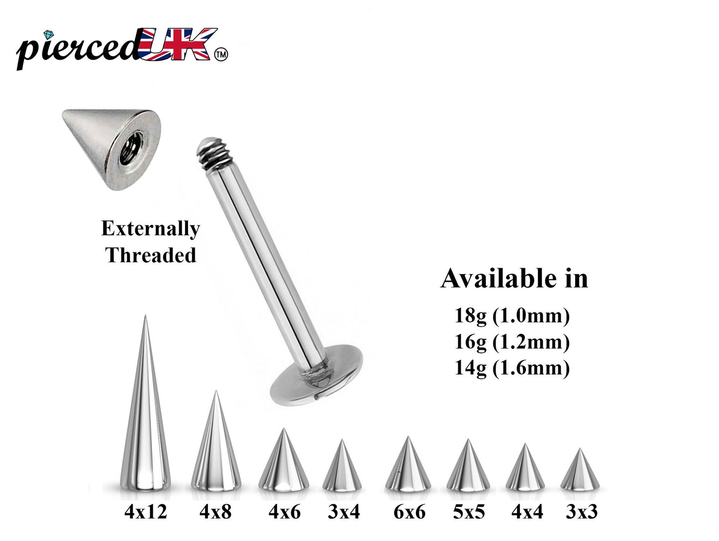 Spike  Cone Barbell or Labret Body Piercing available 18g 16g 14g Labret Stud for Lip and Chin or Barbell Stud for Nose and Nipple Bar