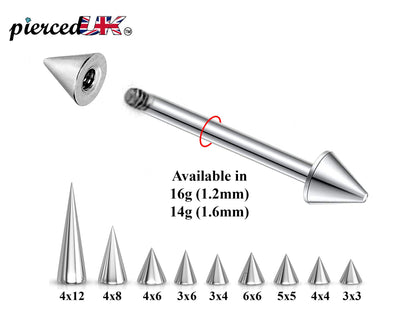 Spike  Cone Barbell or Labret Body Piercing available 18g 16g 14g Labret Stud for Lip and Chin or Barbell Stud for Nose and Nipple Bar