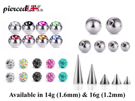 Body Jewelry Replacement Balls, Spikes - (2pcs) Loose parts for Barbells, Horseshoe Piercing, Curved Barbell, Labrets, Septum and more.