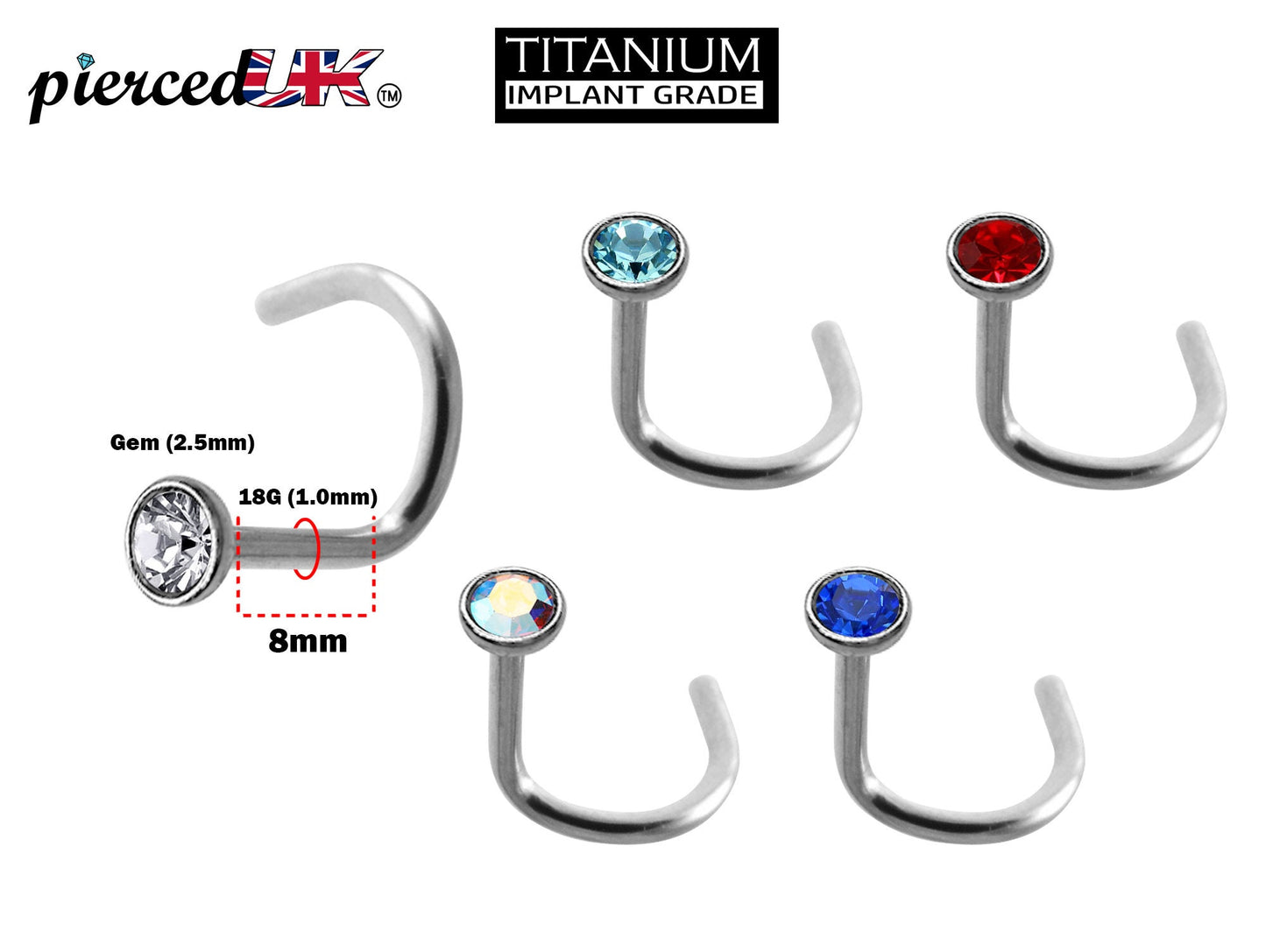 Titanium Nose Studs, Nose Ring - 18G Nostril Screw Ring with Inlay Bezel Setting 2.5mm Crystal Nose Piercing, Nose Jewelry - Length 8mm