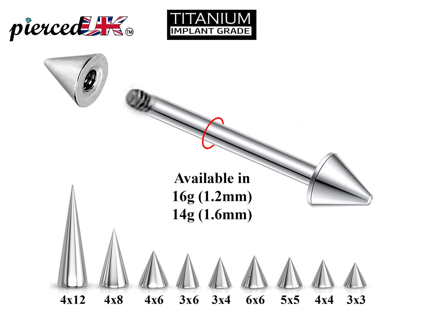 Titanium Spike Barbell, Industrial Piercing Spike – Cone Spike Straight Barbell  16g, 14g (1.2 & 1.6mm) – Nipple, Cartilage, Ear Piercing