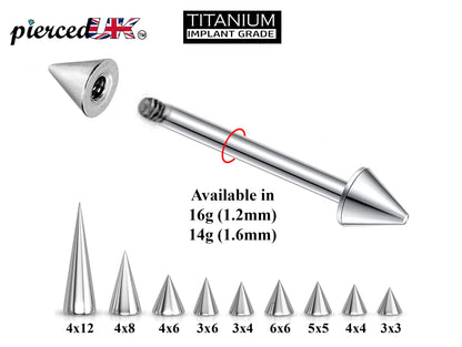 Titanium Spike Barbell, Industrial Piercing Spike – Cone Spike Straight Barbell  16g, 14g (1.2 & 1.6mm) – Nipple, Cartilage, Ear Piercing