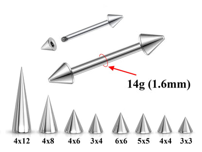 Titanium Spike Barbell, Industrial Piercing Spike – Cone Spike Straight Barbell  16g, 14g (1.2 & 1.6mm) – Nipple, Cartilage, Ear Piercing